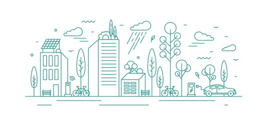 Modern city with ecological infrastructure and vehicles, roof greening, solar panels and electrical car charger. Green vector line art monochrome illustration of eco cityscape with alternative energy © Good Studio