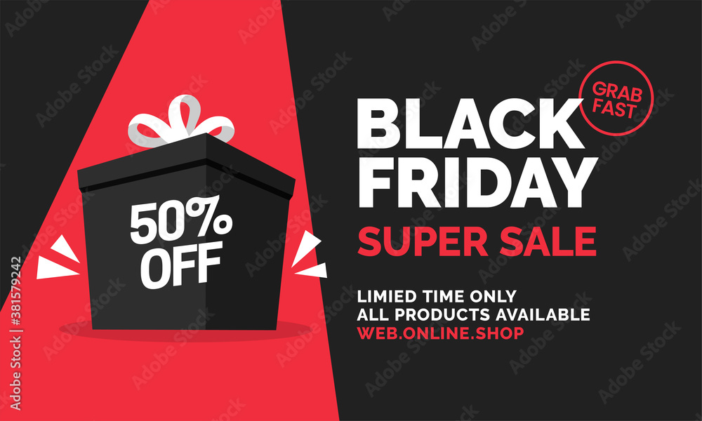 Wall mural black friday super sale with big gift prize box vector illustration social media web banner template