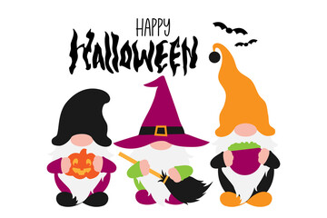 Halloween Scandinavian Gnomes in costumes. Witch, Wizard with broom, Gnome with Pumpkin Jack O Lantern. Hand drawn lettering Halloween. Bat icons. Vector illustration, isolated without background