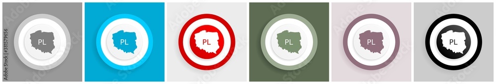 Poster Map of Poland icon set, colorful flat design vector illustrations in 6 options for web design and mobile applications