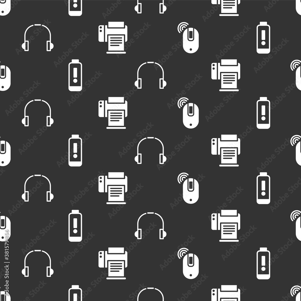 Poster set wireless computer mouse, battery charge level indicator, headphones and printer on seamless patt
