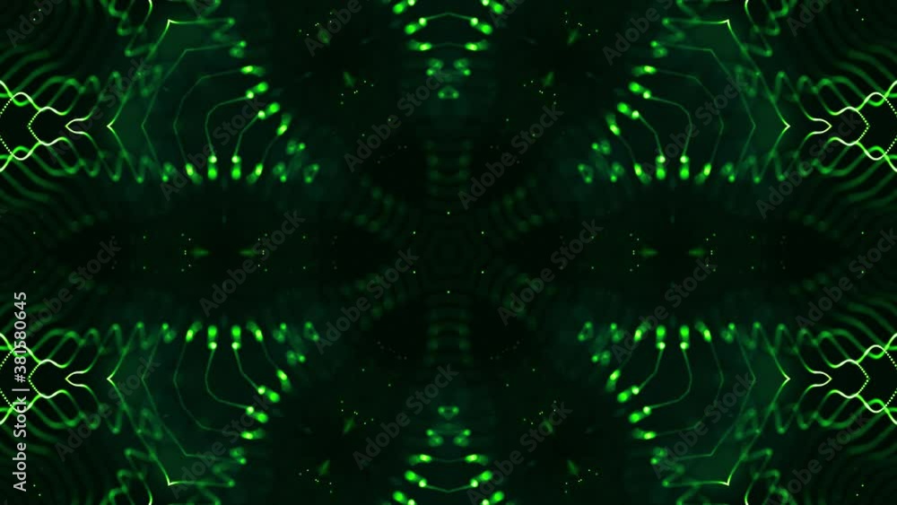 Poster glow green particles form lines, surfaces, star pattern, kaleidoscope structures. 4k looped sci-fi 3