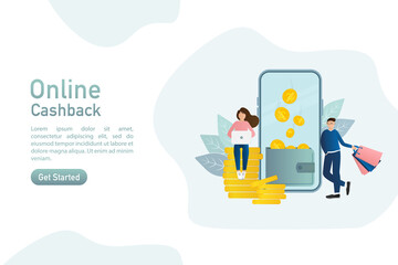 Flat card with cash back people for banner design. Illustration concept. Gift card for banner design. Payment online concept.