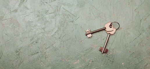 House key with home keyring. Close up photo. Renting property and real estate concept