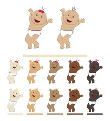 Cheerful funny baby jumping raising his hands up. Vector set of children with skin of different shades of beige and brown