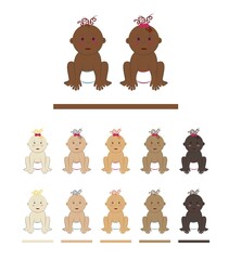 Vector set of multinational babies sitting on all fours. Cartoon characters of curly toddler boys and girls with different skin, eye and hair colors. Naked kids in diapers and with a bow