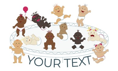 Happy multinational naked babies in diapers jumping on a trampoline. Vector template with copy space and diverse kids