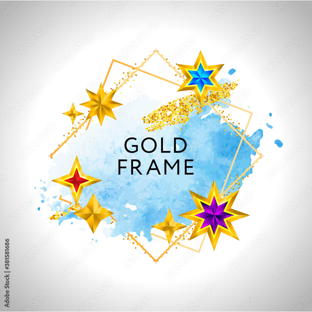 Wall mural Abstract frame vector celebration background with blue watercolor golden stars and place for text.