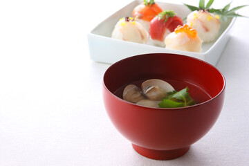 創作手まり寿司とハマグリのお吸い物