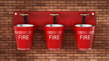 Vintage fire buckets hanging on the wall. 3D illustration © Destina