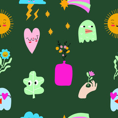 Seamless pattern and hand drawn texture. Different options for icons with emotions and moods. Vector flat illustration. 