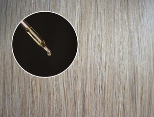 Pipette with cosmetic oil in a circle. Texture of light hair. The concept of scalp care and hair care. Shiny healthy soft hair.