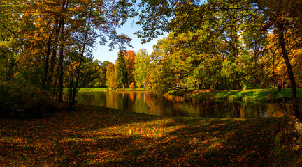Autumn landscape, view of the lake in the old Park. Tsarskoe Selo, Saint Petersburg.
