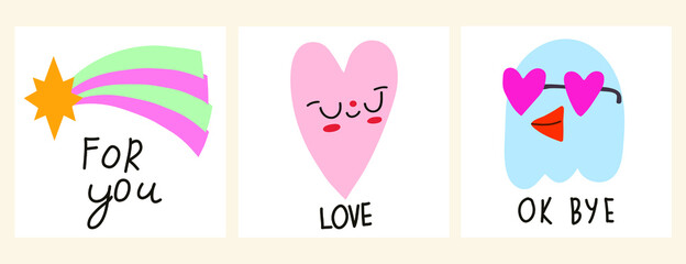 Vector set. Cute cards with different emotions and moods. All elements are isolated. Flat design. Cartoon style.