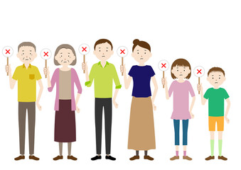 Illustration of a three generation family (grandfather, grandmother, father, mother, girl, boy set) with wrong sign