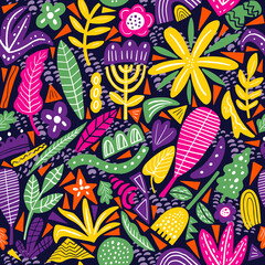 Vector floral seamless pattern brifht neon colors. Flat flowers, petals, leaves with and doodle elements. Collage style botanical background for textile and surface. Cutout paper design.
