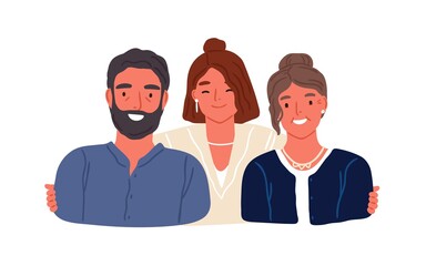 Portrait of adult daughter and aged parents vector flat illustration. Happy family members hugging feeling love and tenderness isolated on white. Adorable relatives embracing to each other