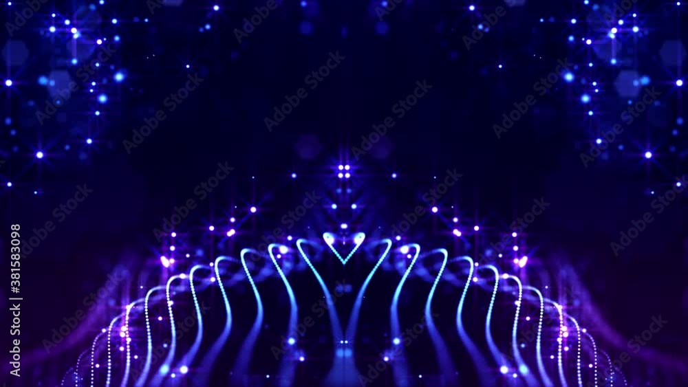 Poster glow blue particles form lines, symmetrical structures. 4k looped sci-fi 3d abstract background. for