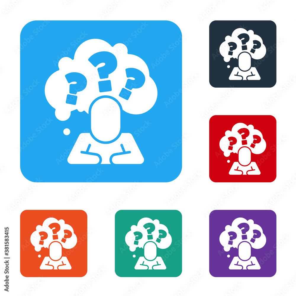 Aufkleber white human head with question mark icon isolated on white background. set icons in color square but
