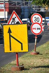 Traffic signs at the road construction