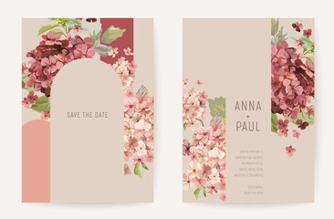Wedding invitation, boho autumn floral card, frame set, hydrangea rustic decorative modern minimal template