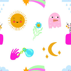 Seamless pattern and hand drawn texture. Different options for icons with emotions and moods. Vector flat illustration. Transparent background.