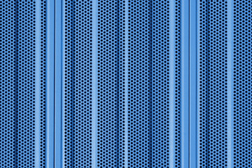 Perforated metal sheet texture. Stainless steel security wall. Blue paint dots, lines and spots...