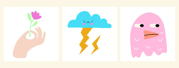 Vector set. Cute cards with different emotions and moods. All elements are isolated. Flat design. Cartoon style.