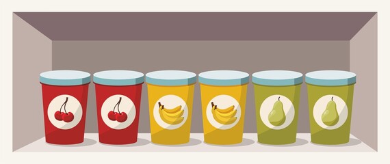 Variation of fruit yoghurts: cherry, banana and pear 