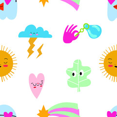 Seamless pattern and hand drawn texture. Different options for icons with emotions and moods. Vector flat illustration. Transparent background.