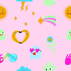 Seamless pattern and hand drawn texture. Different options for icons with emotions and moods. Vector flat illustration. 