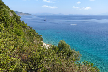 Beautiful turquoise paradise secluded pebble beach of Gidaki only accessible by path, Ithaki or Ithaca island, Ionian, Greece