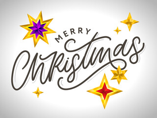 Merry Christmas card with hand drawn lettering and stars on dark background. Cute Holiday golden frame background