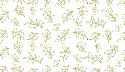 Olive seamless pattern. Vector decorative olive branch. Branches with green olives on white background. For labels, packaging or fabric.