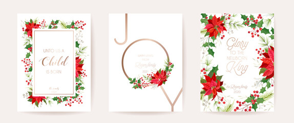 Merry Christmas, Happy New Year 2021 Cards, Floral Poinsettia, Pine Branches, Holly Berry, Mistletoe Vector Design