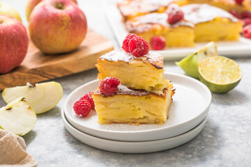 Piece of fresh baked homemade layered apple pie.