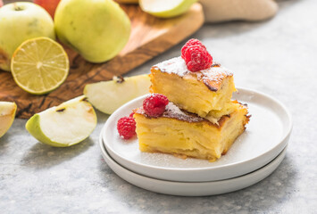 Piece of fresh baked homemade layered apple pie.