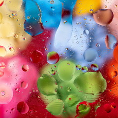 Macro background. Oil drops on water with colorful glass