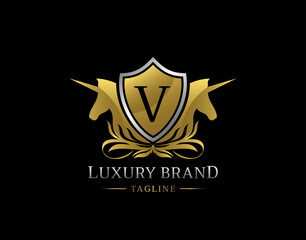 Royal Unicorn Logo With V Letter. Elegant Gold Shield badge design for Royalty, Letter Stamp, Boutique,  Hotel, Heraldic, Jewelry, Wedding.