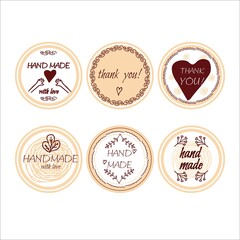 Set of round stickers, badges with text Hand made, thank you, with doodle elements isolated on white background. Collection of different design for shop, seller.