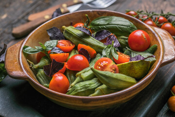 Traditional healthy organic Turkish food Okra with tomato  and olive oil. Ready to eat.