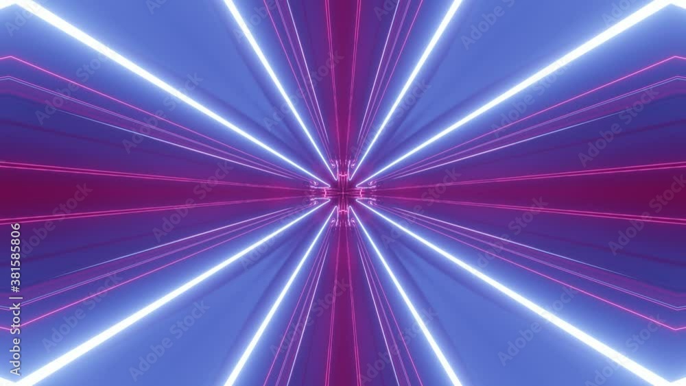 Poster sci-fi tunnel transformer with blue purple neon lights. 4k looped abstract high-tech tunnel. camera 