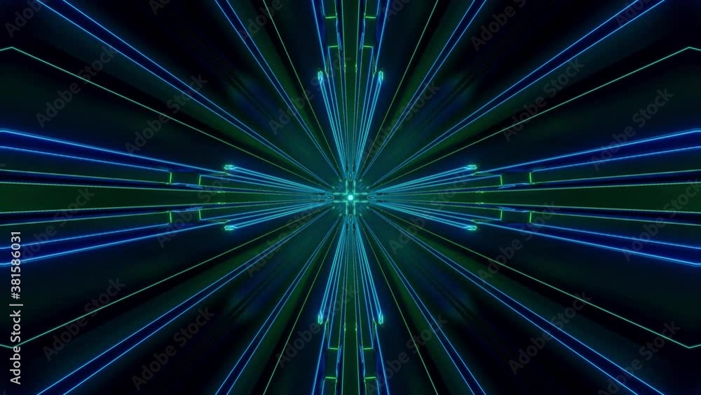 Poster sci-fi tunnel transformer with blue green neon lights. 4k looped abstract high-tech tunnel. camera f