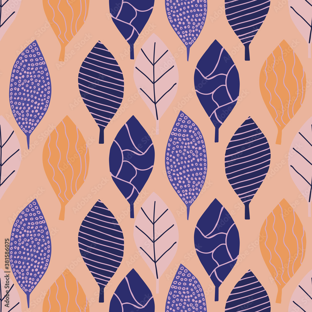 Poster colorful leafs with prints repeat pattern print background design