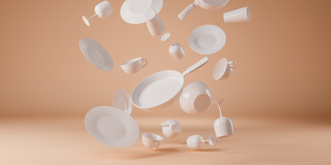 Kitchen accessories, plates, dishes, skillet, glasses falling over beige background. Cooking concept with copy space.