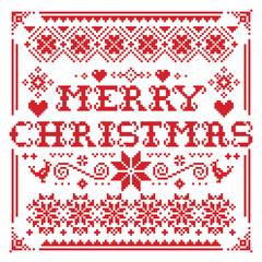 Merry Christmas vector greeting square card pattern in red on white background - Scandinavian knnitting, cross-stitch design
