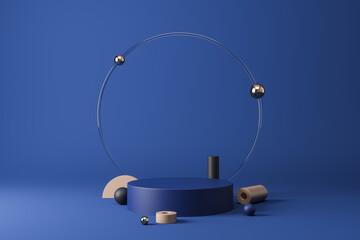 Blue podium with glass ring and simple geometric shapes made for product cosmetic presentation.