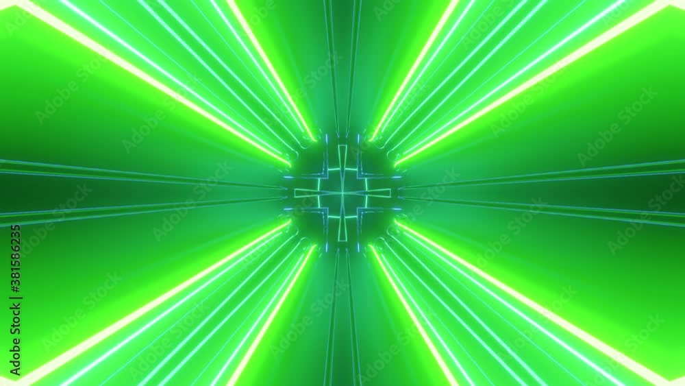 Poster sci-fi tunnel transformer with blue green neon lights. 4k looped abstract high-tech tunnel. camera f