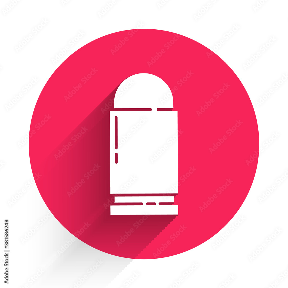 Poster white bullet icon isolated with long shadow. red circle button. vector.