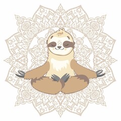 Vector illustration of a sloth bear in the lotus position on the background of the mandala. Yoga, meditation, relaxation. Isolated on white background.